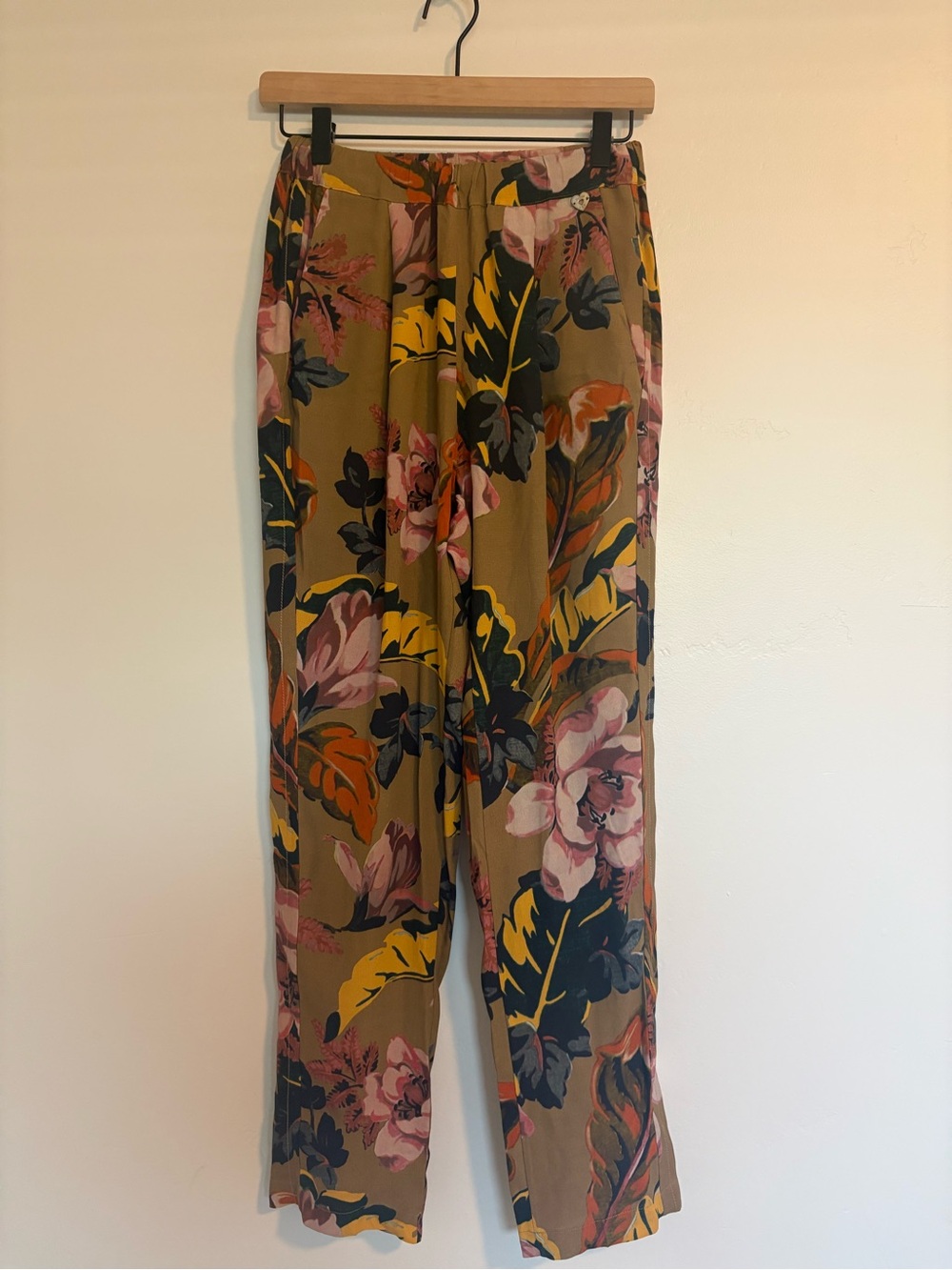 Twin-Set Olive Floral Wide-Leg Pants with Pink & Yellow Blooms